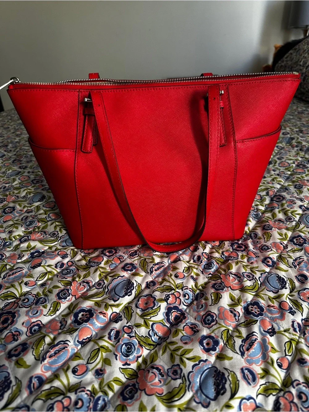 Michael Kors Bright Red Saffiano Tote with Logo Charm